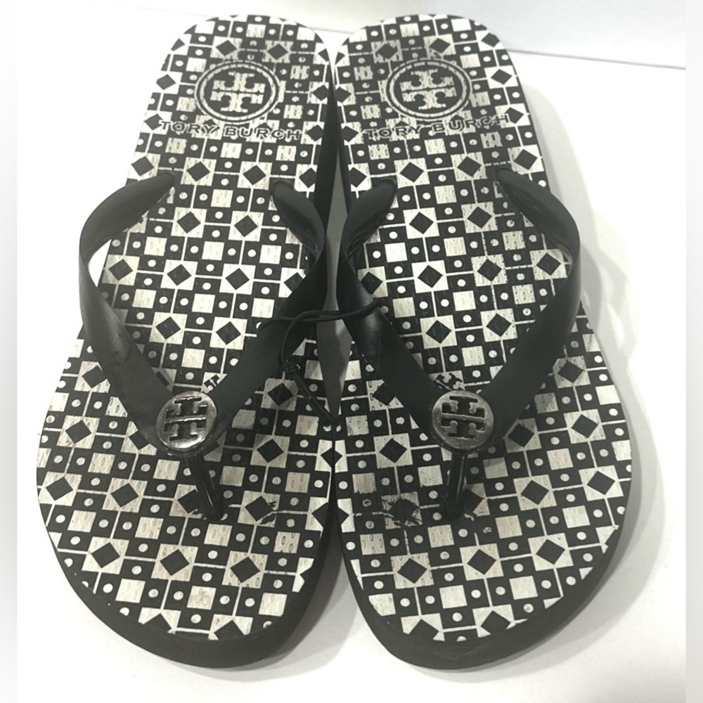 TORY BURCH Womens Reva Rubber Flip Flops Black & Gray Logo Womens Wedges
